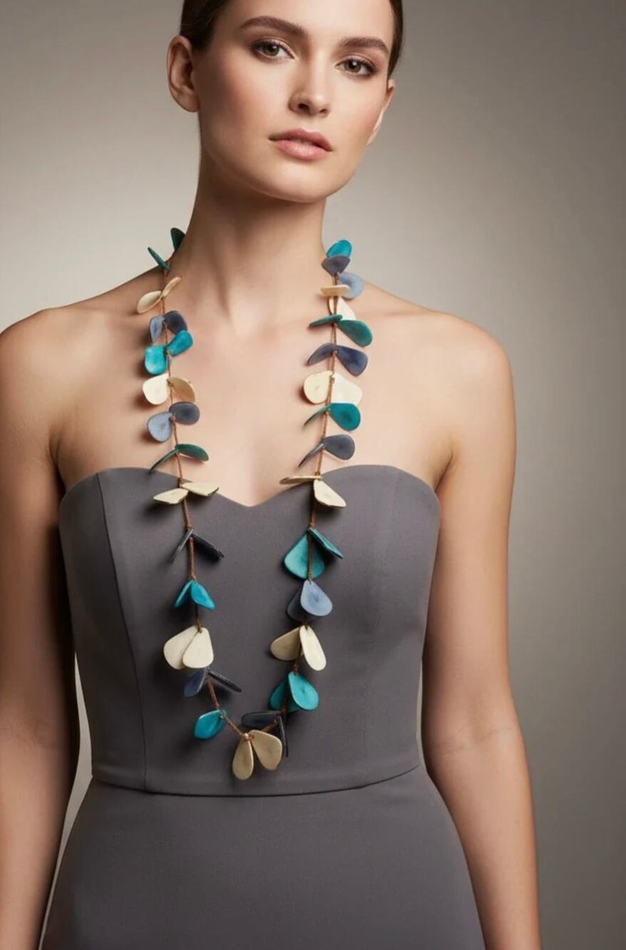 Hand sliced 42” Tagua Necklace Teal, Blue, Cream